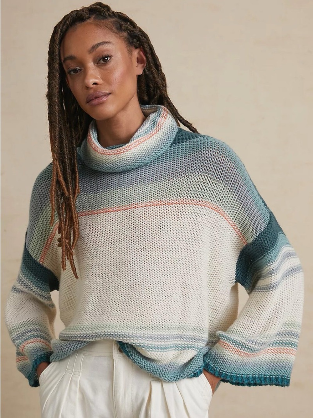 Anthropologie Cream, Teal & Coral Striped Cowl Sweater